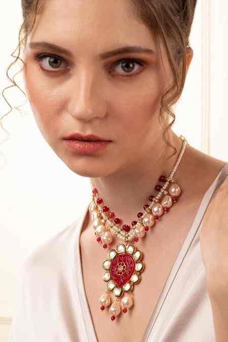 Buy Red Agate Embellished Pendant Necklace by joules by radhika Online ...