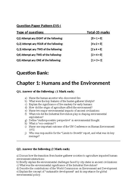 EVS Question bank - Question Paper Pattern EVS-I Type of questions ...