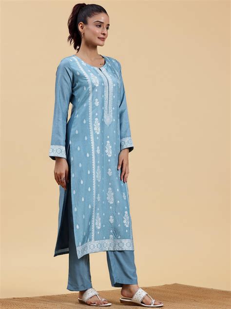 Buy Blue Woven Design Silk Blend Straight Suit With Dupatta Online at ...