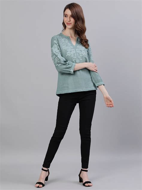 Buy Ishin Women's Cotton Sea Green Embroidered Top Online