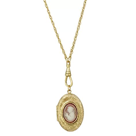 1928 Gold Tone Oval Carnelian Cameo Locket Necklace