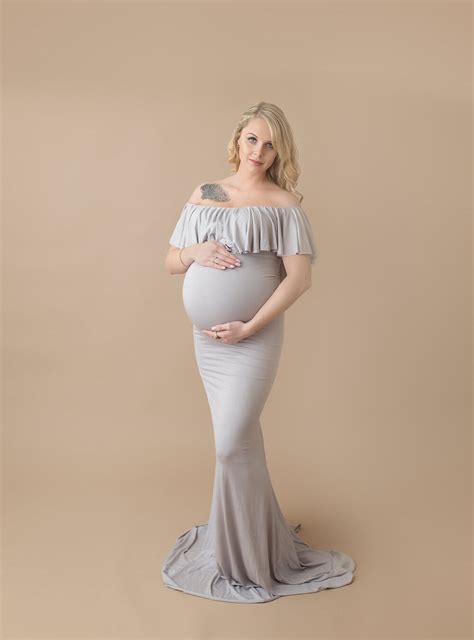 Babymoon Off Shoulder Ruffle Neck Stretchable Maternity Gown Dress | G ...
