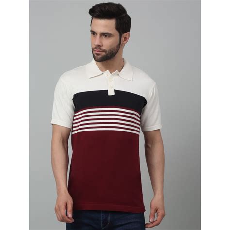 Buy Cantabil Men Maroon Striped Polo Neck Half Sleeves T-Shirt Online