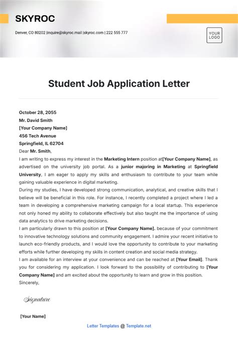Free Student Job Application Letter Template to Edit Online