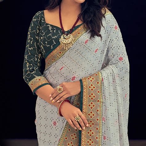 Grey Festive Wear Printed Silk Saree With Big Border