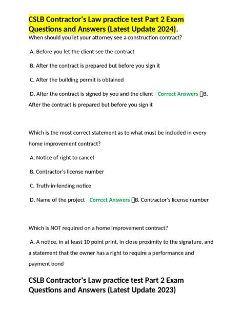 CSLB Contractor's Law practice test Part 2 Exam Questions and Answers ...