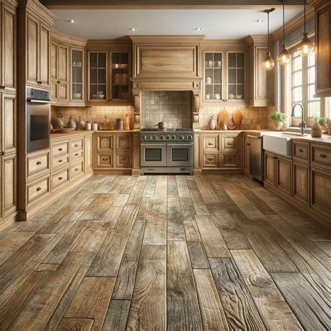 oak kitchen cabinets with Distressed Wood-Look Tile flooring ...