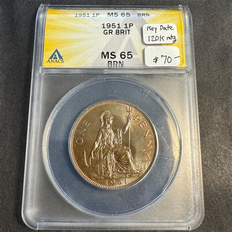 1951 Great Britain Penny, George VI, Semi-Key, ANACS MS-65 BRN 🇬🇧 ...