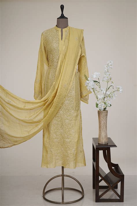 Buy Gold Color Handcrafted Chikankari with Mukaish Work Unstitched Pure ...