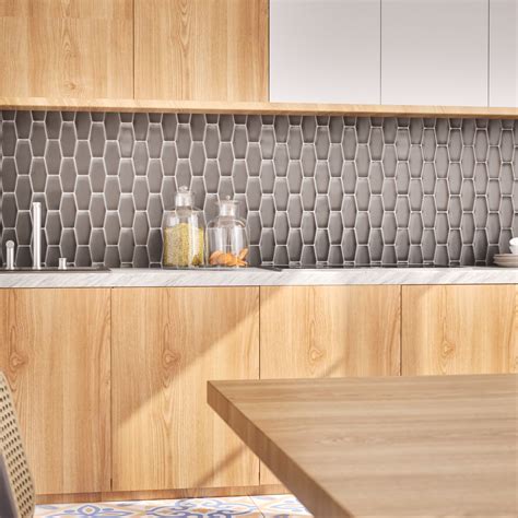 Kitchen with Grey Hexagonal Horizontal Tile Backsplash and Wooden ...