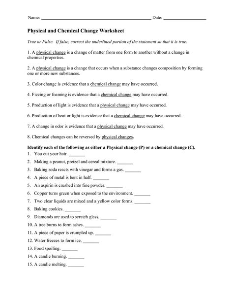 Physical and Chemical Change Worksheet - Worksheets Library