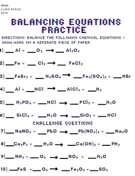 Image result for Balancing Equations Practice Problems
