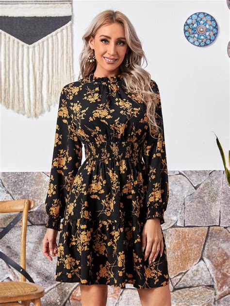 SHEIN Floral Print Shirred Ruffle Hem Dress | SHEIN USA
