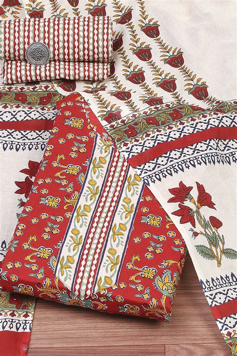 Buy Red Cotton Screen Print Unstitched Suit Set Online at Biba India