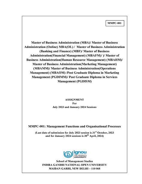 MMPC-001 - MS- Master of Business Administration (MBA)/ Master of ...