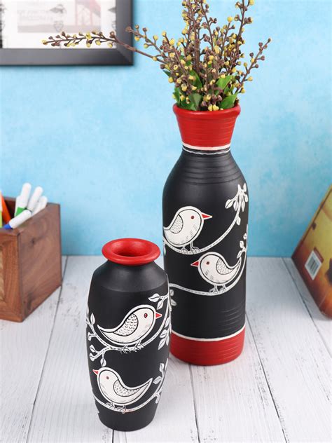 VarEesha Hand Painted Chiraiya White Bird Black Terracotta Long Vases ...