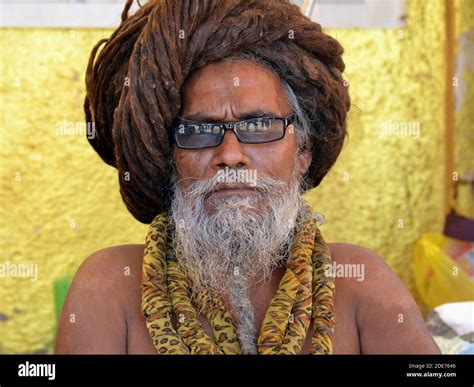 Elderly Indian Hindu holy man (sadhu, baba, guru) with long dreadlocks ...