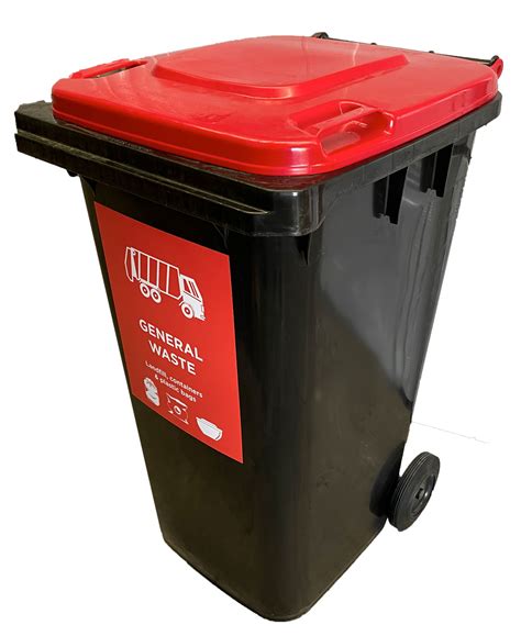 120 Litre Wheelie Bin in Black with Red Lid with General Waste Sticker ...