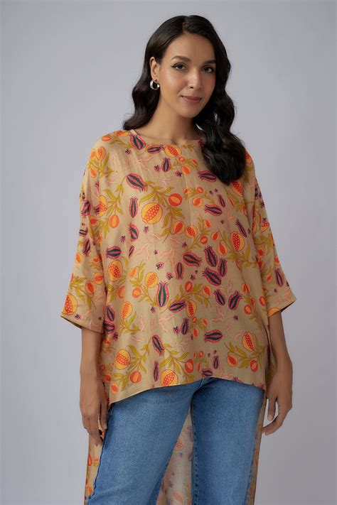 Brown Printed Silkmul High Low Maya Tunic