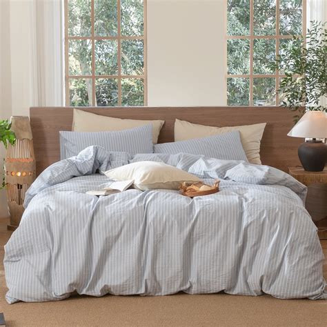 MooMee 100% Washed Cotton Striped Duvet Cover Set Queen Linen Like ...
