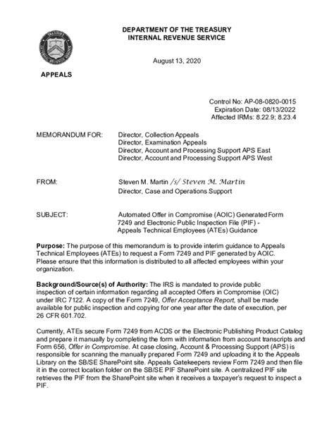 IRS Form 7249 Guidance Memorandum - Blank Fillable Template | Fill Out ...
