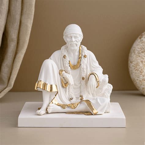 Luxurious White & Gold Sitting Sai Baba Idol (6 Inch)