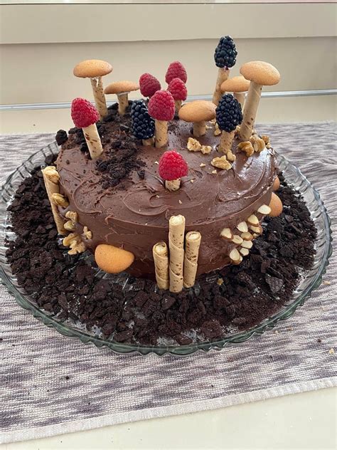 Chocolate Cake with Berries and Mushrooms