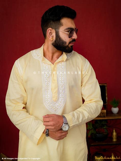Yellow Uman Cotton Chikankari Men's Kurta