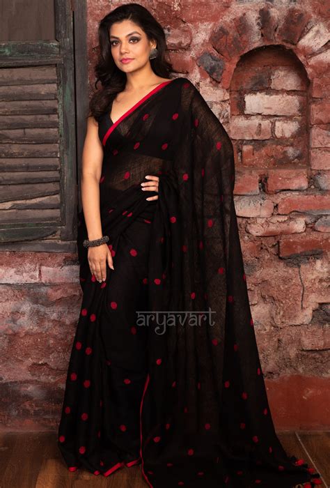 Black Linen Saree With Red Woven Polka dots – Thearyavart