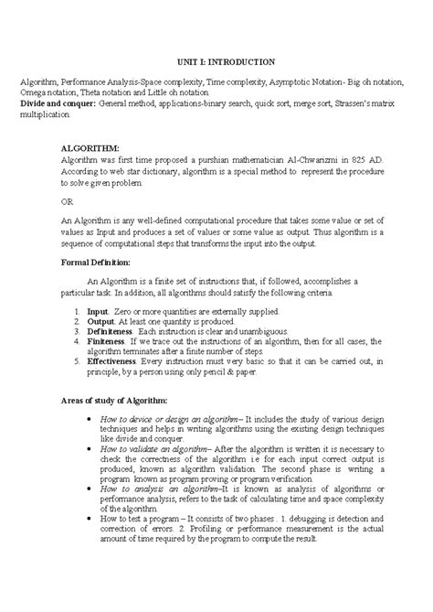 CSM-DAA UNIT I: Introduction to Algorithms and Performance Analysis ...