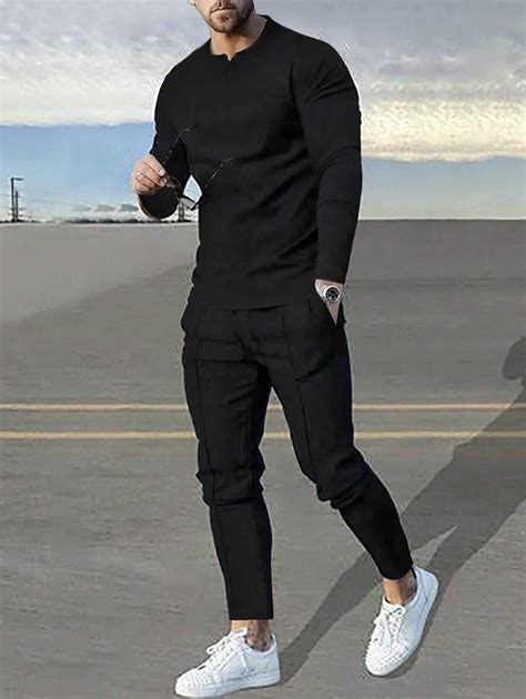 Manfinity Homme Men's Solid Color Plain Long Sleeve Top & Pants 2-Piece ...