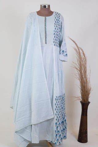 Powder Blue Colour Cotton Print with Embroidered Skirt and Cotton Dupatta
