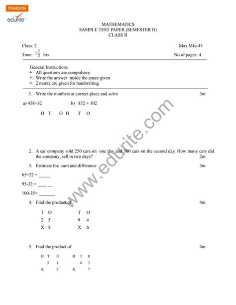 Image result for Class 2 Maths Question Paper
