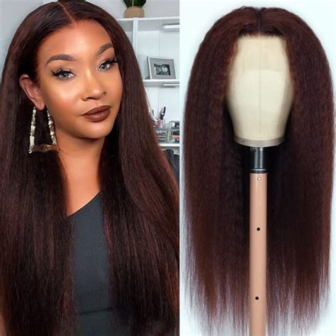 Amazon.com: Odir Kinky Straight Human Hair Wig Reddish Brown Lace Front ...
