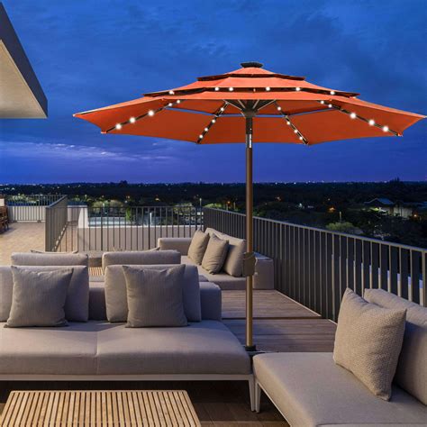 Elite Sunbrella 9ft 3-Tier Solar Market Umbrella: 80 LED Lights, Deck ...