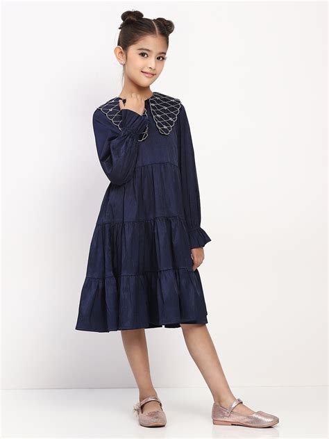 Girl's Navy Blue Tiered Dress with Embroidered Peter Pan Collar – Spunkies