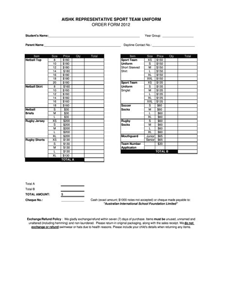 Fillable Online Rep Sport Team Uniform Order Form 2012 Fax Email Print ...