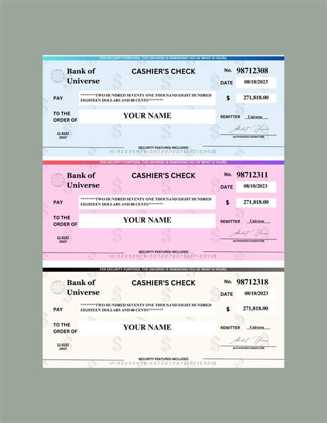 Manifestation Cashier's Checks | Blank Check Template | Editable Check | Printable Cheques ...