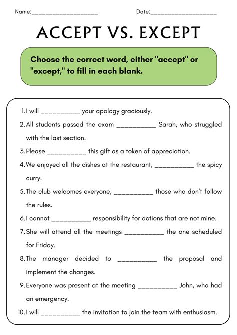 SOLUTION: Accept vs except grammar exercise worksheets - Studypool