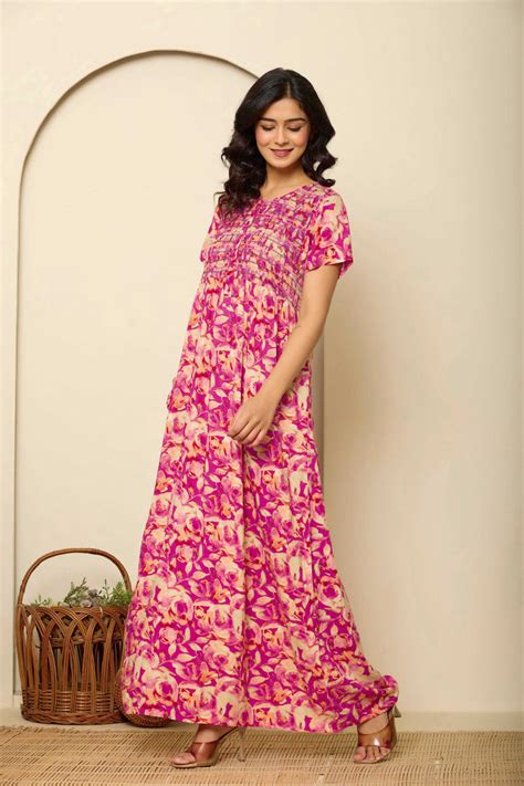 Pink Premium Viscose Smocking Nighty for Women | Nihsamah