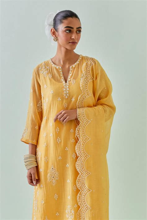 Yellow straight kurta set with all-over off white Dori embroidery and ...
