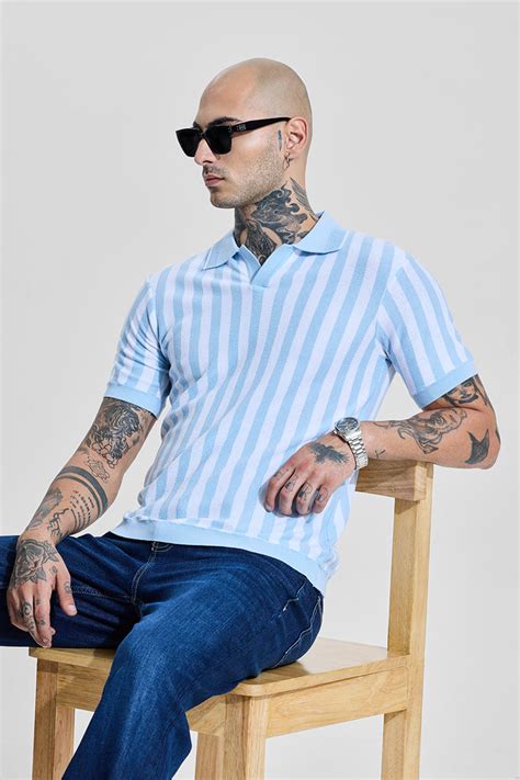 Buy Men's Light Blue Stripes Polo Slim Fit T-Shirt Online | Snitch – SNITCH