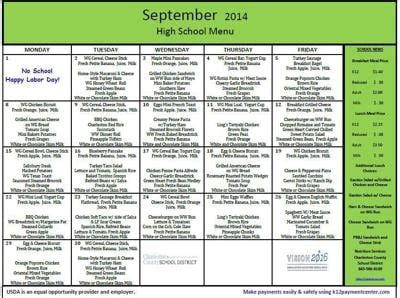 September 2014 High School Lunch Menu