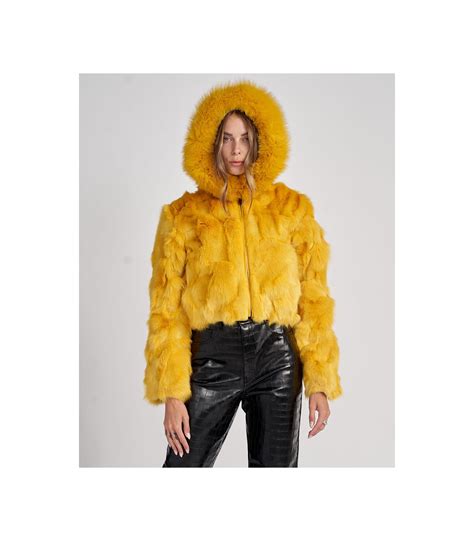 Lucia Cropped Fox Fur Jacket in Yellow | FurHatWorld.com