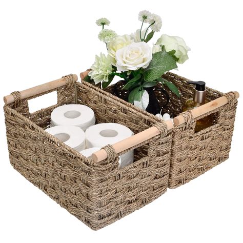 StorageWorks Hand-Woven Jumbo Storage Baskets with Wooden Handles ...