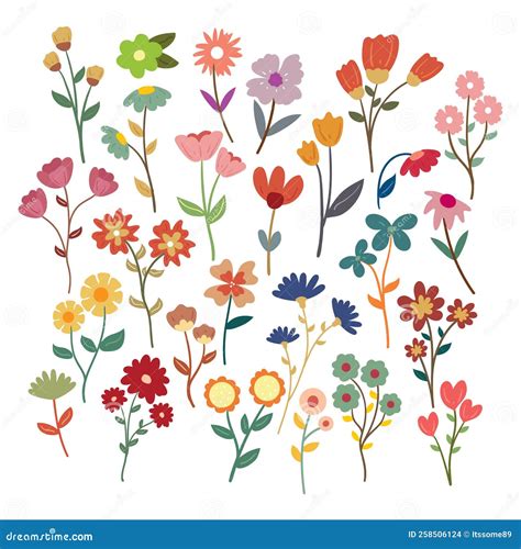 Hand Drawing Cartoon Flower Sticker Set Stock Vector - Illustration of ...