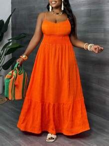 Slaydiva Plus Size V-Neck Orange Camisole Cinched Waist Flared Maxi ...