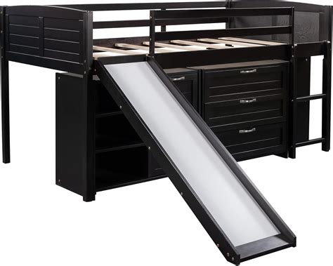 Buy Low Twin Size Loft Bed with Slide and Drawers, Solid Wood Loft Bed ...
