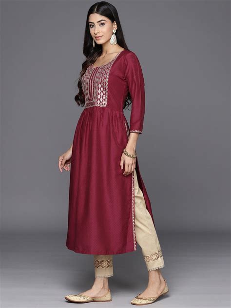 Buy Maroon Yoke Design Silk A-Line Kurta Online at Rs.850 | Libas