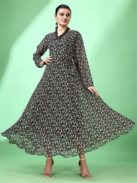 Black Floral Puff Sleeves Wrap Maxi Dress by Wyshlist